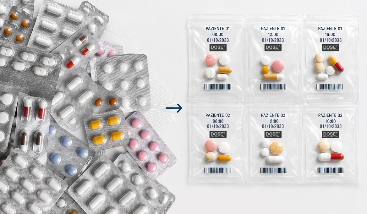 Blister sfusi che diventano bustine monodose con nome del paziente e orario