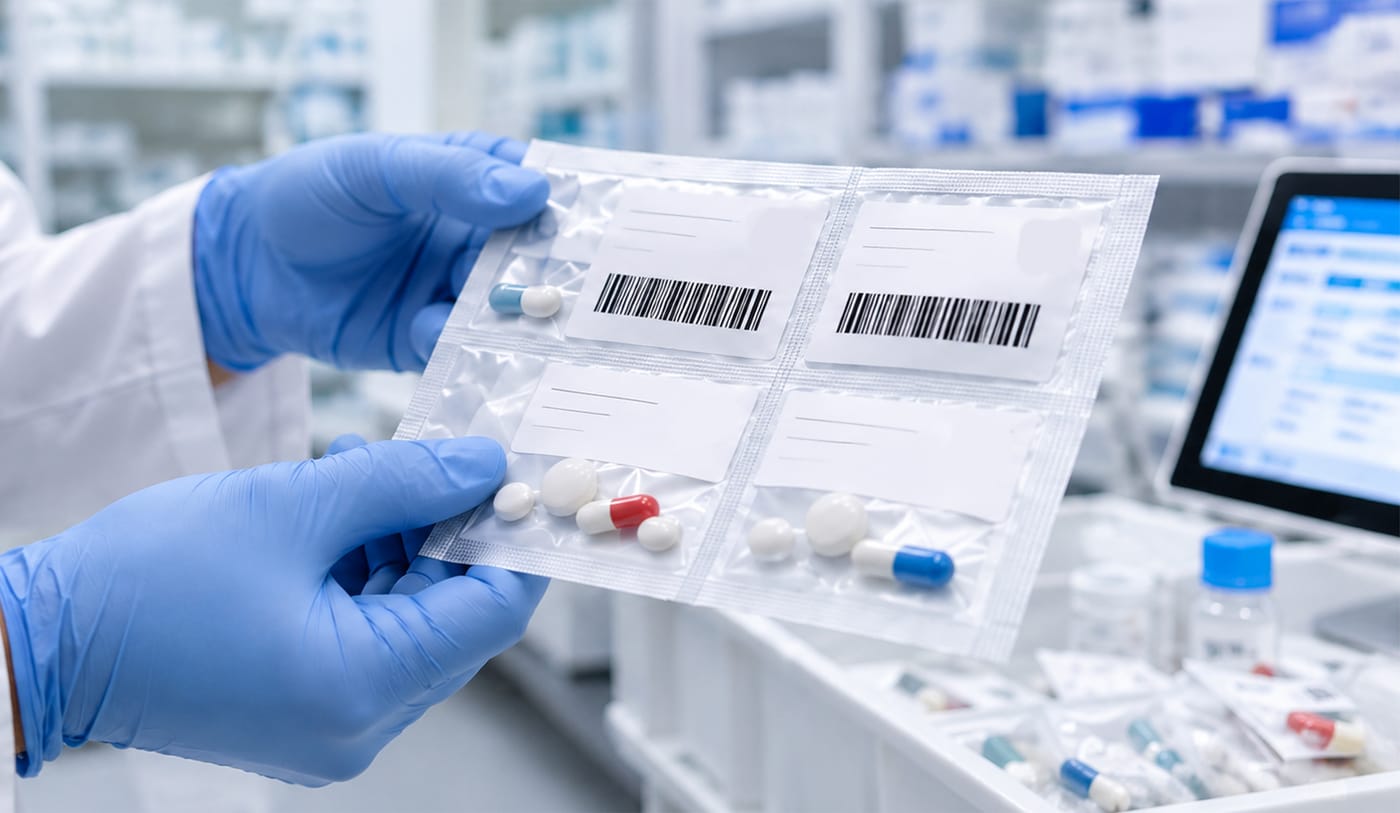 Operatore sanitario con guanti che controlla una striscia di bustine in dose unitaria