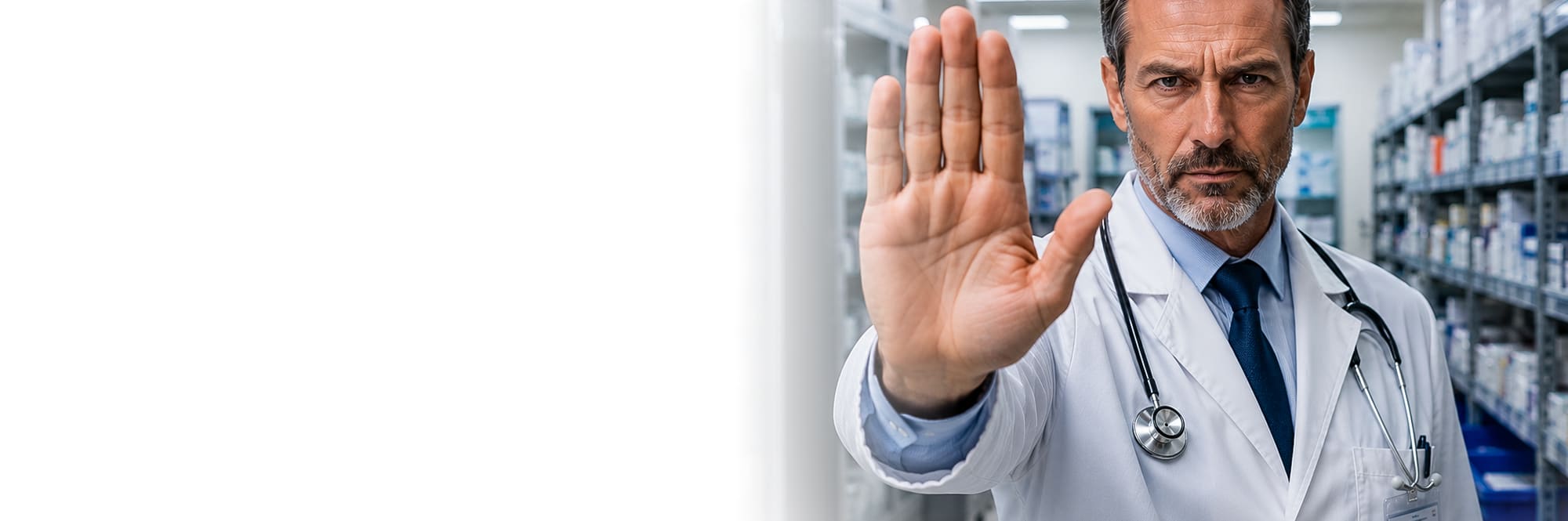 Medico che alza la mano per dire stop: la sicurezza del farmaco inizia prima della terapia